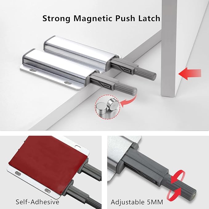 Double Push to Open Door Latch, 2 Pack Magnetic Push Latches, Adhesive Heavy Duty Touch Latch Hardware for Push to Open, Magnetic Catch for Cabinet Drawer Wardrobe Kitchen Door