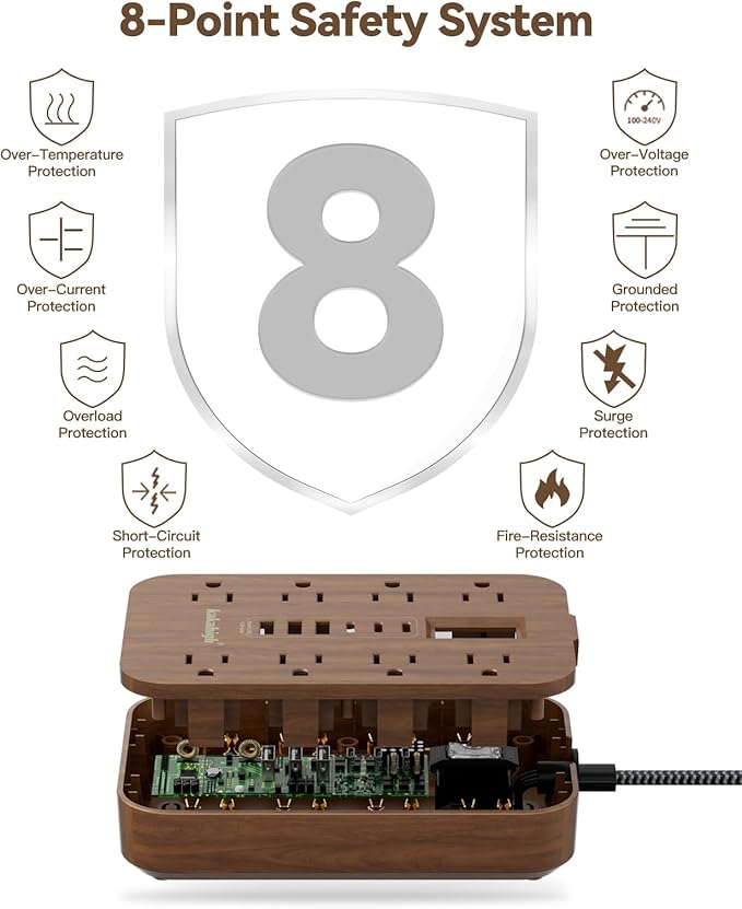 Walnut Power Strip with USB Ports - 10 FT Wood Power Strip, 1625W Decorative Extension Cord with 6 AC Outlet 3 USB, for Brown Tan Wood Walnut Grain Aesthetic Vintage Rustic Desk Accessories Decor