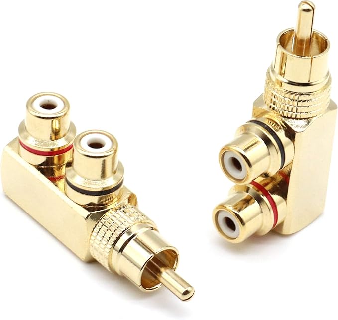LOCHSOEL RCA Splitter Adapter,Right Angle RCA Male to 2 Female AV Splitter Adapter Gold Plated Connector(2Pack)