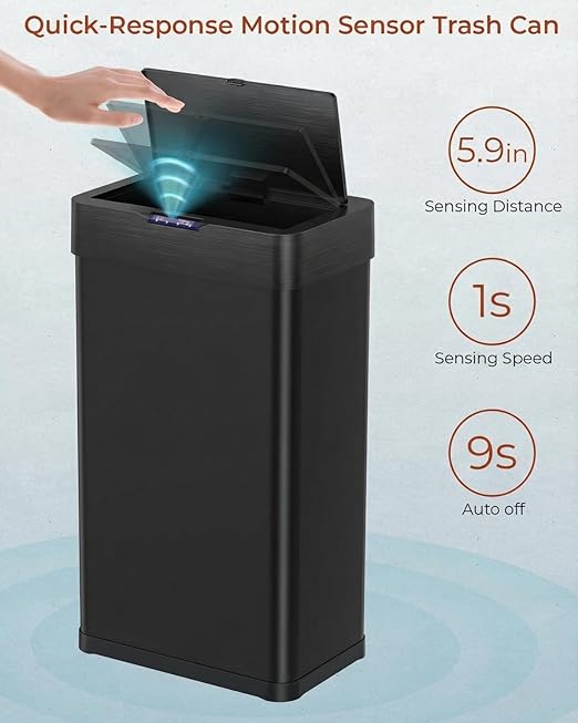 TLSUNNY 16 Gallon Motion Sensor Trash Can,Touchless Automatic Garbage Can,Brushed Stainless Steel Smart Bin,with Bag Holder,Soft Close Lid,for Kitchen,Office,RV,Bedroom,Living Room (Black, 60L)