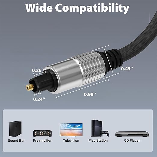 Cyberguys! Optical Audio Cable, Digital Optical Cable with Toslink Connectors, Braided Digital Audio Cables for Soundbar, TV, Receiver, Speaker, Xbox, PS5, Blu-Ray – Gold-Plated, 10ft