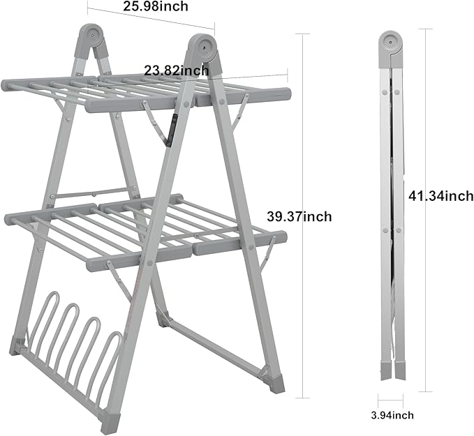 SHARNDY Electric Heated Clothes Drying Rack,Foldable Heated Garment Dryer with Timer Shut-Off Laundry Rack for Clothes Shoes Socks,Aluminum Alloy,Silvery Gray,Plug & Play,(39.37x25.98x23.82in)