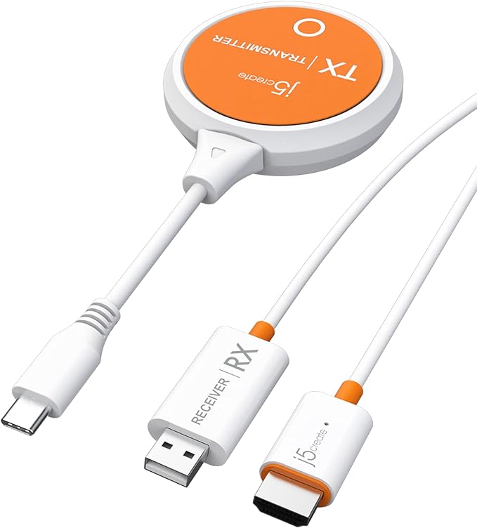 j5create ScreenCast USB-C to HDMI Wireless Display Transmitter and Receiver, Supports 1080p, Suitable for iPhone15, MacBook, iPad Pro, Chromebook, USB-C Laptops, and Android (JVAW62)