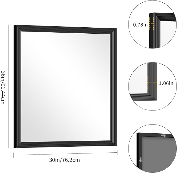 Black Bathroom Mirror 30 x 36 Inch Rectangle Wave Beveled for Wall Bathroom Vanity Mirror for Over Sink, Tempered Glass,for Entryway Hangs, Bathroom Living Room Horizontal or Vertical