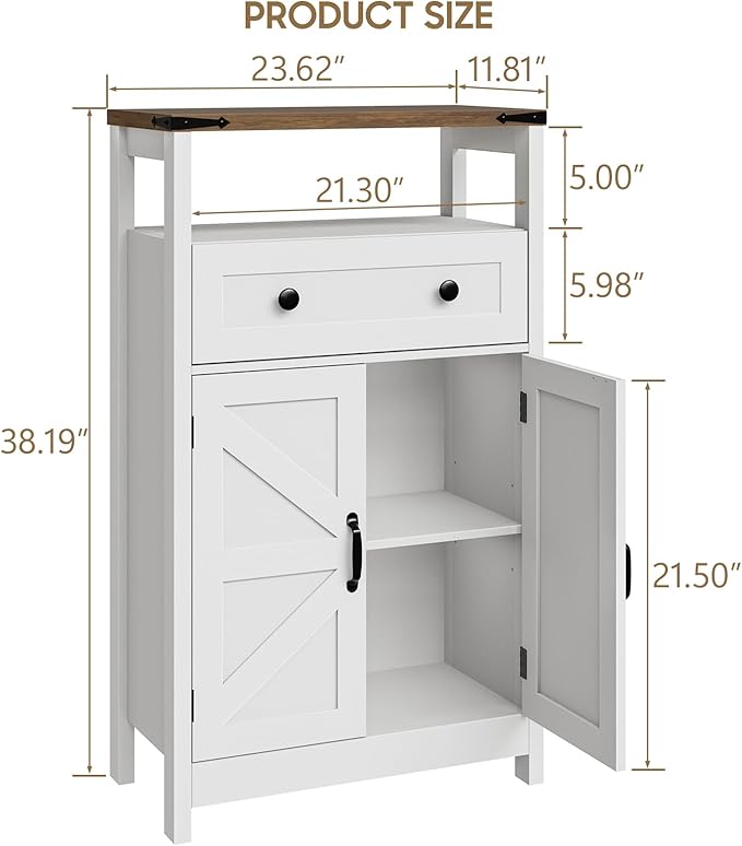 Farmhouse Bathroom Storage Cabinet with Barn Doors, Bathroom Storage Organizer with Drawers, Rustic Freestanding Floor Cabinet for Kitchen, Living Room, White