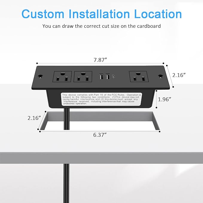 HEZI Recessed Power Strip, Furniture Drawer Outlet with 20W PD USB-C & 18W QC3.0 USB-A, Plug in 3 Outlets & USB Ports, Flush Mount 6FT Black Cord Conference Desk Outlet Fast Charge