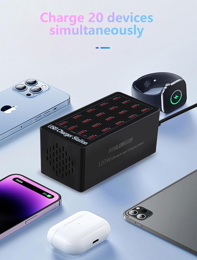 WANLONGXIN 100W 20Port USB Charging Station, Multi USB Charger for Multiple Devices, Black