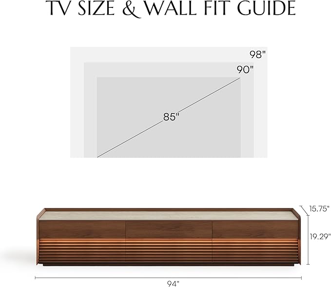 POVISON Fully-Assembled Mid Century Matte Sintered Stone TV Stand, 94.49" Wood Media Console with Adjustable LED Light, Entertainment Center with Storage for Living Room