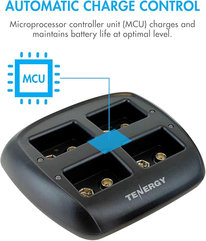 Tenergy TN294 4-Bay 9V Li-ion Battery Charger + 4pcs 9V 600mAh Li-ion Rechargeable Battery