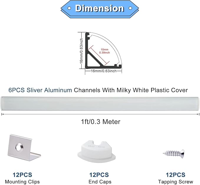 VST 20Pack 1 ft LED Aluminum Channel with Milky White Cover V Shape 16x16mm, Led Strip Light Track with End Caps and Mounting Clips Accessories for Living Room, Kitchen