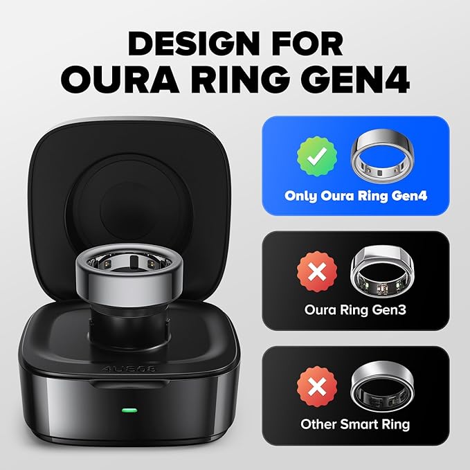 Wireless Charging Case Compatible with Oura Ring Gen 4 Charger, 600mAh Portable Travel Ring Charger Fast Charging Dock with USB-C Cable (Size 10-Black)