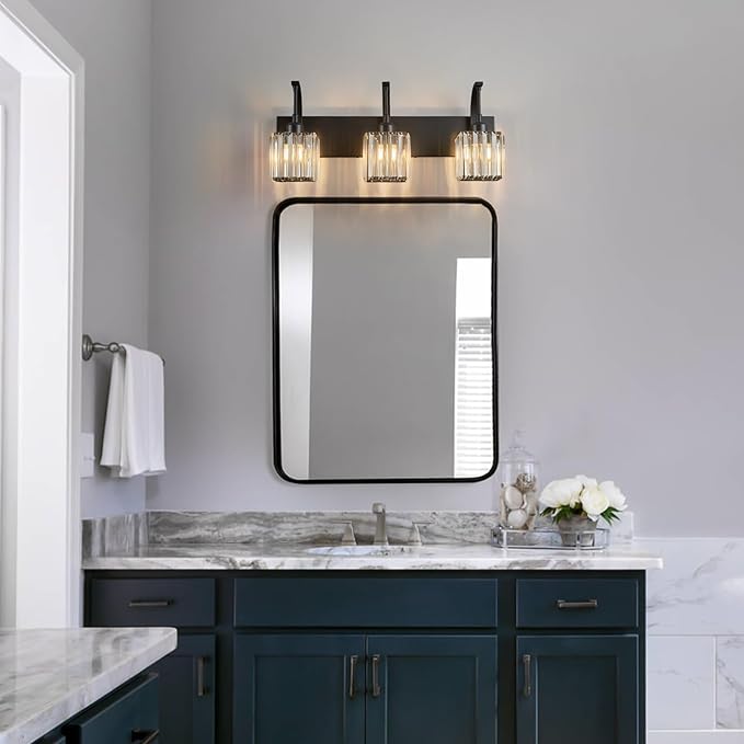 FDPBY Crystal Vanity Lights 3-Light Black Bathroom Vanity Lights Modern Crystal Bathroom Light Fixtures Over Mirror 23.62" Long Vanity Light for Bathroom