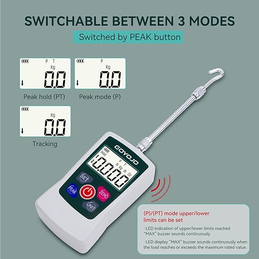 GOYOJO Digital Force Gauge High-Precision Push-Pull Meter for Tension & Compression Testing Units (N, kg, lb, oz) Real-Time/Peak/First Peak Modes Ideal for Quality Control & Material Testing (3N)
