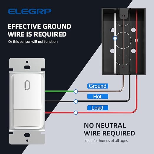 ELEGRP Single Pole Occupancy Motion Sensor Light Switch, Need Grounding Wire No Neutral Wire, 120° Sensor Coverage PIR Infrared Motion Activated, for CFL/LED/Incandescent Bulb, UL,1 Pack, Matte White