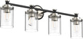 PHIXART Bathroom Lighting Fixtures Black and Brushed Nickel Bathroom Vanity Light with Cylindrical Clear Stripes Glass Lampshade E26 Socket Base Bathroom Lighting Fixtures Over Mirror (4 Lights)