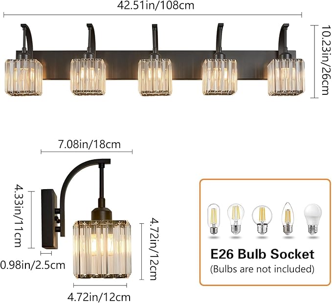 FDPBY 5-Light Crystal Vanity Light, Modern Black Bathroom Wall Sconce with K9 Crystal Shades, 42.51" Long Over Mirror Lighting for Vanity, Makeup, Hallway, Elegant & Easy Installation