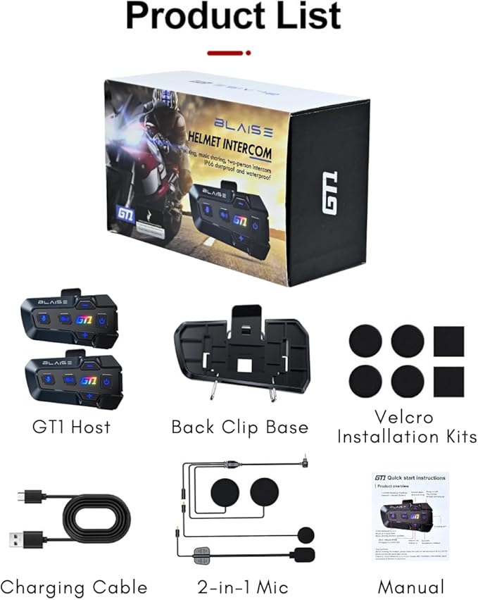 Logto Blasie GT1 Motorcycle Helmet Bluetooth Headset Intercom 2 Riders Music Share Helmet Communication System IPX6 Waterproof (Dual Pack-Black)