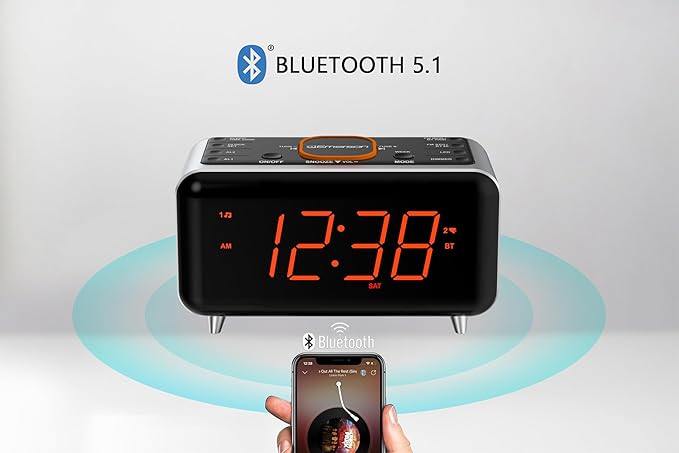 Emerson CKS1521-A SmartSet Bluetooth Dual Alarm Clock Radio with 1.4” Orange LED Display, Auto Time-Set, USB Phone Charger, FM Radio, AUX Input, Auto-Dimmer & Orange Accent Light