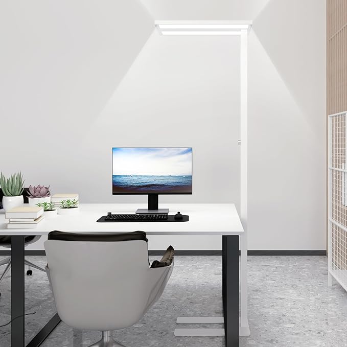 STERREN 76" Led Floor Lamp, 120W White Modern Free-Standing Lamp,9100LM Dimmable Full Spectrum Eye-Care Tall Reading Lamp for Study Room,Office,Meeting Room,4000K Natural Daylight