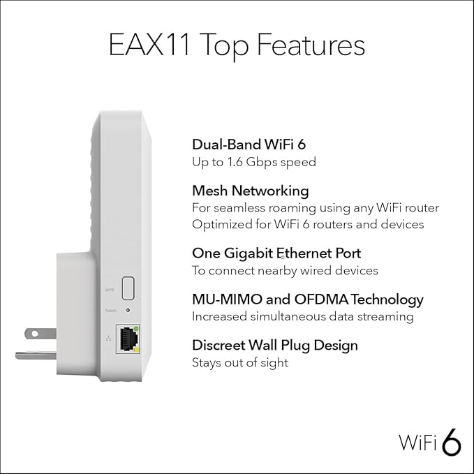 NETGEAR WiFi 6 Mesh Range Extender (EAX11) - Add up to 1,200 sq. ft.,15 Devices with AX1600 Dual-Band Wireless Signal Booster & Repeater (up to 1.6 Gbps Speed), WPA3 Security, One WiFi Name