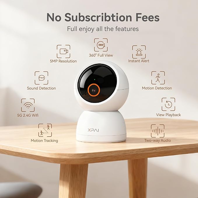 xpai Indoor Camera Wireless, 3K Indoor Camera No Subscription,360° Motion Detection Room Cameras for Google TV, 5G Wireless Cameras with 2-Way Audio, Security Cameras for Baby and Pet