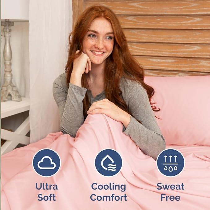 RV Short Queen Sheet Set 60 X 75 - 4 Piece RV Short Queen Bed Sheets - Soft, Breathable & Cooling - Designed for Bunks, Trailers & Campers - Fits 8” to 12" Mattress - Hotel Luxury Bedding - Baby Pink