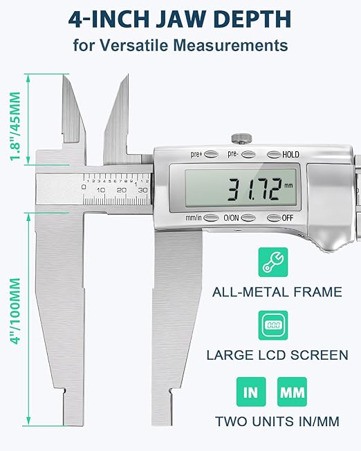 Mxmoonfree 20-Inch Digital Caliper with 4-Inch Jaw Depth, Precision Measuring Tool, Full Metal Frame, Large LCD Screen, Resolution 0.0005"/0.01mm, Ideal for Professionals & Hobbyists