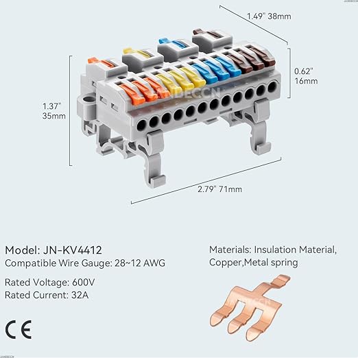 JANDECCN 4pcs DIN Rail Terminal Blocks, DIY Splicing Wire Connectors for Circuit Inline 28-12AWG (4 in 12 Out)
