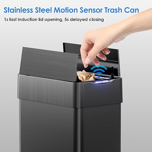 TLSUNNY 13.2 Gallon Automatic Trash Can, Stainless Steel Motion Sensor Garbage bin, Smart Trash Can W/Butterfly Lid, Bag Retainer Ring and Display Light for Living Room,Kitchen,Office (Black, 50L)