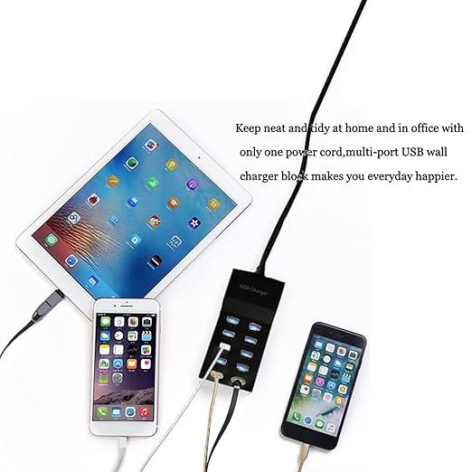 USB Charging Station 50w10A 10-Port Charger, Multiport Charger Hub, Compatible with iPhone, Galaxy, iPad Tablet, and Other Devices（Black）