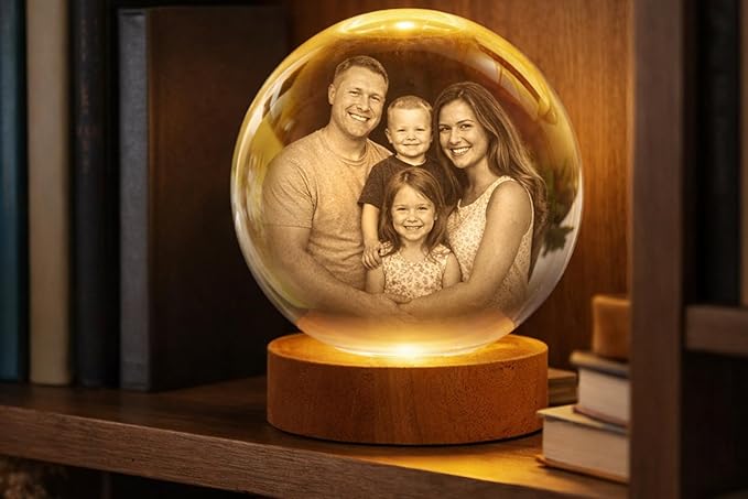 Herihues Personalized 3D Photo Crystal Ball, Custom Engraved Picture Lamp with Wood Base, Night Light for Family, Gifts for Husband Wife Valentines Day, Christmas, Personalized Gifts, Photo Led Light