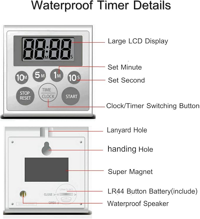 NUOSWEK Digital Timer Waterproof Shower Timer Shower Clock Bathroom Kitchen Timer with Strong Magnet and Large LCD Display (Waterproof 7 Key)
