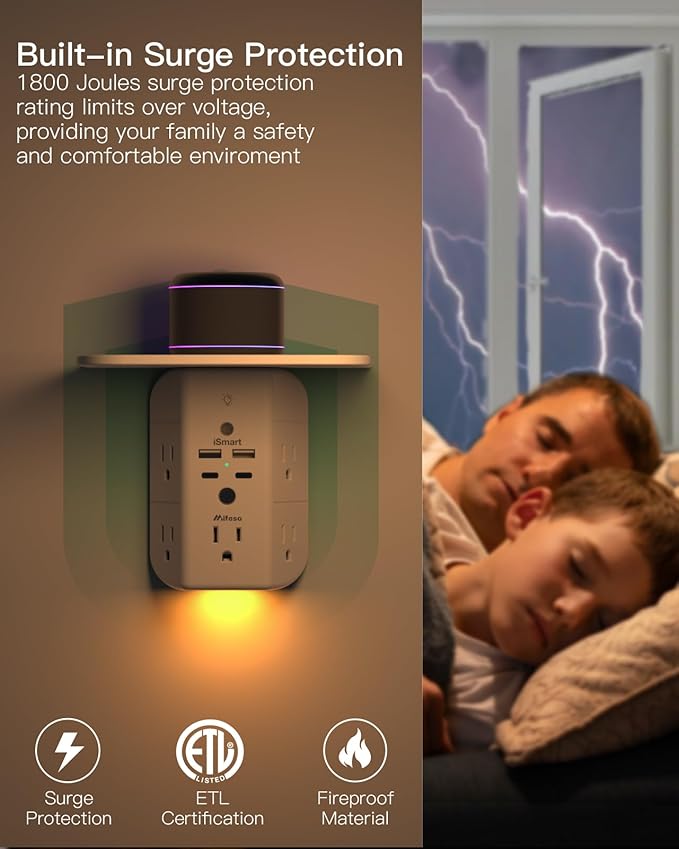 Wall Outlet Extender with Shelf and Night Light, Surge Protector, USB Wall Charger with 5 AC Outlets and 2 USB A Ports 2 USB C Ports Wide Space 3-Sided Power Strip Multi Plug Outlets