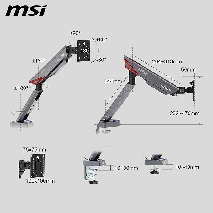 MSI MPG MT161R - Premium RGB Single Monitor Stand Arm, Supports 17-45" Screens and 35.2 lbs, VESA Compatible, Adjustable Spring Assisted Mount, Clamp & Grommet, Quick Release Plate - Black