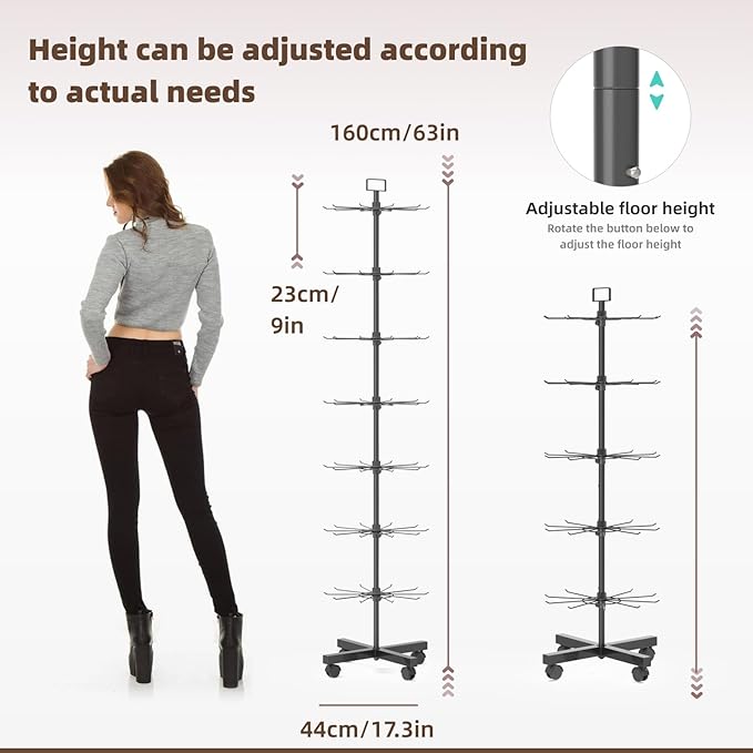 YEOOE Retail Display Racks 7 Tier Spinning Display Stand, Movable Shop Spinner Rack with Hooks, Retail Display Stand for Jewelry Keyring Hats Socks Toys (Black)
