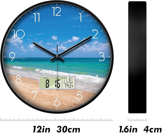 Modern Wall Clocks with Calendar and Date Ocean Wave Sea Beach Digital Clock Large Display Non-ticking Kitchen Silent Clock With Day and Temperature for Elderly Farmhouse Living Room Bathroom 12 Inch