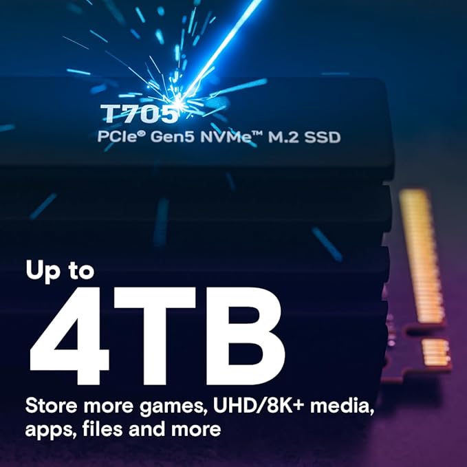 Crucial T705 PCIe Gen5 NVMe 2TB SSD with Heatsink, Up to 14,500MB/s, TLC NAND, Laptop & Desktop (PC) Compatible, for Creatives and Hardcore Gamers, Solid State Drive, 1Mo Adobe CC – CT2000T705SSD5