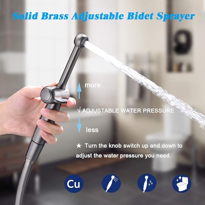 Handheld Bidet Toilet Sprayer, Black Bidet Spray for Toilet, Cloth Diaper Sprayer with Backflow Preventer, Adjustable Water Pressure Brass Hand Held Spray Attachment