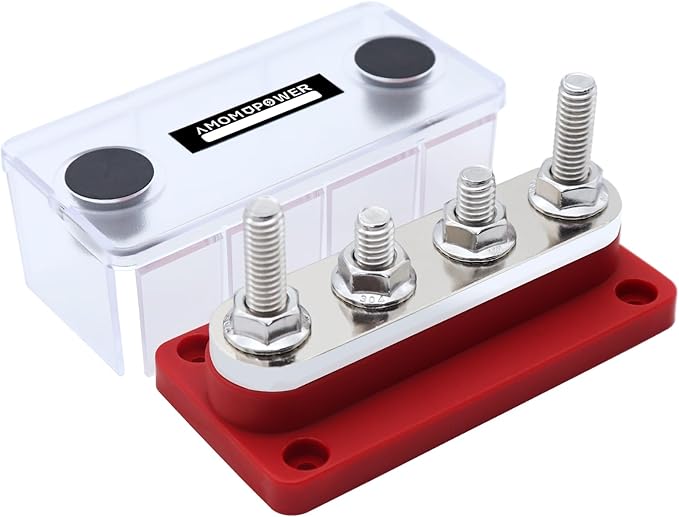 AMOMD 300A PowerBars 4 Terminal Studs (5/16 inch) M8 Nickel Plated Copper Distribution Block Electrical Negative Bus Bars Ground Block with Cover for Trailer Marine Boat Car RV (Red)