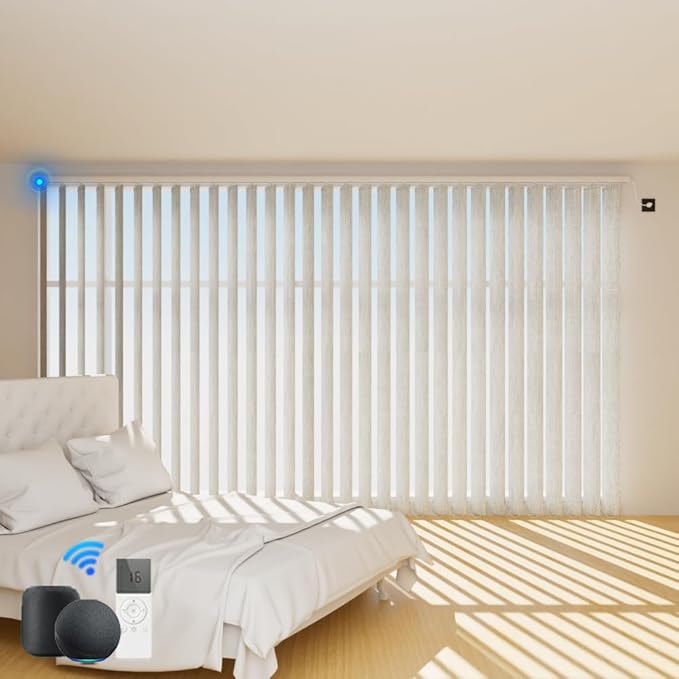 Blindify Motorized Vertical Blinds Compatible with Alexa Google Home, Blackout Sliding Door Shades Smart Vertical Blinds Remote Control Customize, Off-White