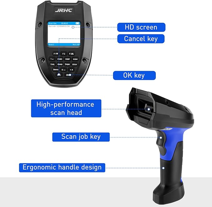 1D 2D Barcode Scanner Wireless, JRHC Portable Inventory Scanner & Data Collector Data Terminal PDT Inventory Device with Long Transmission Distance 2.4G Wireless Bar Code Reader with 2" LCD Screen