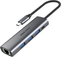 DIKEQINN USB 3.0 Hub with Gigabit Ethernet, 3-Port USB-A 5Gbps + USB-C Power Port for MacBook, Dell, HP, Surface (Plug and Play) (USB-C)