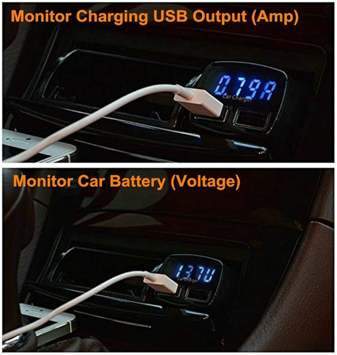 Alivation 3IN1 Digital Volt Gauge with USB Car Charger, 24W Cigarette Lighter Voltage Display Volt Meter Car Battery Monitor with LED Voltage & Amps Display, Dual USB for iPhone X 8 7 6S 6 Plus, 5 SE