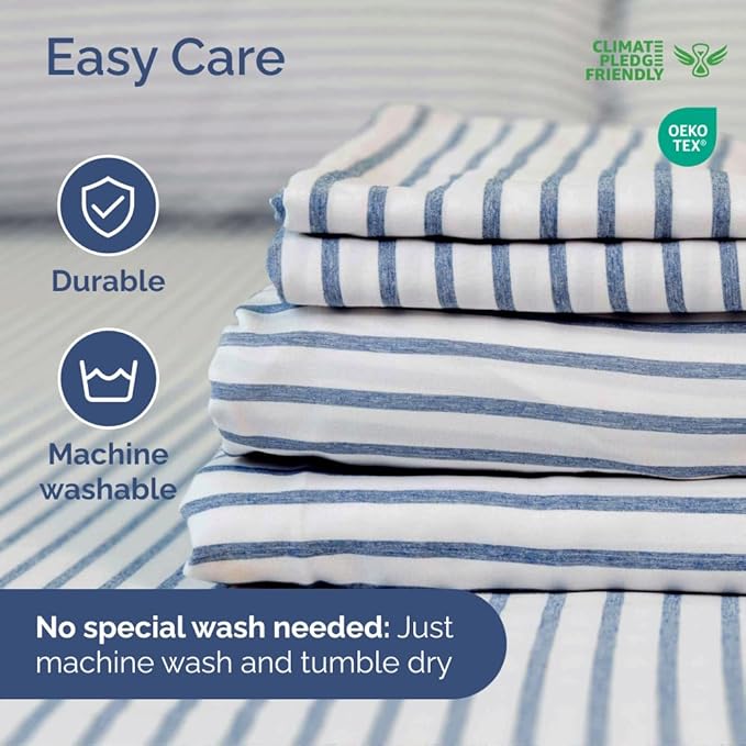 Full XL Bed Sheet Set - 4 Piece Extra Long Extended Full XL Sheets - Soft, Breathable & Cooling - Fits 8" to 16" Mattress with Deep Pockets - 54" x 80" - Wrinkle and Fade Resistant - Blue Stripes 2