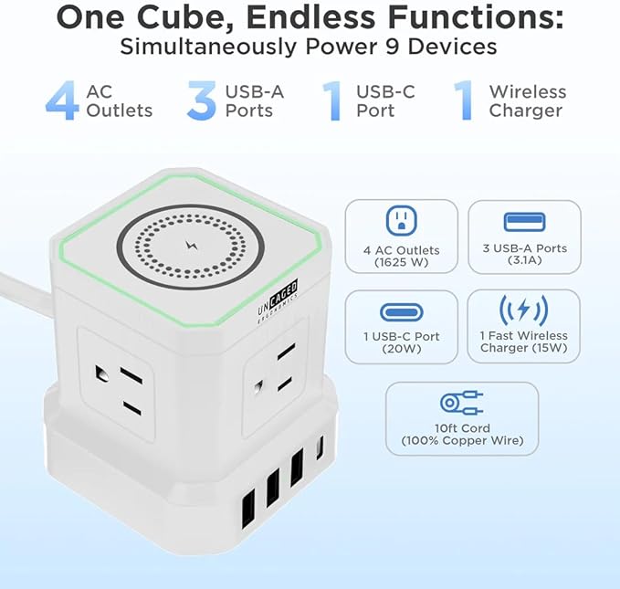 Uncaged Ergonomics Wireless Cube Charger & Power Strip with USB Ports, Surge Protection, 10ft Extension Cord with Wireless Charger, 4 AC Plugs & 3 USB Ports, 1 C Fast Charging with On/Off Switch