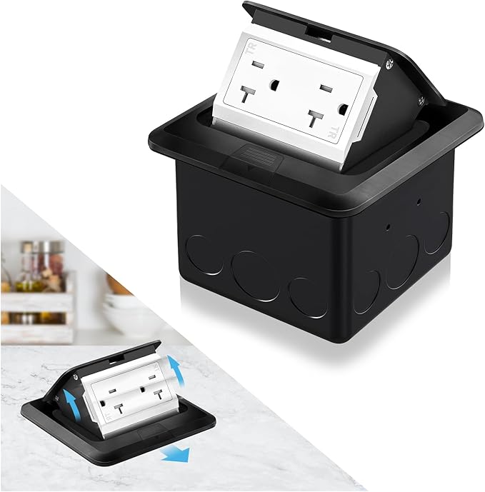Vagueior Recessed Floor Electrical Outlet Kit,Waterproof Electrical Outlet Covcer Box,Hidden 20A Tamper-Resistant Receptacle Outlet,with Slow Elastic Damping，ETL Certified,Black(1 Pack)