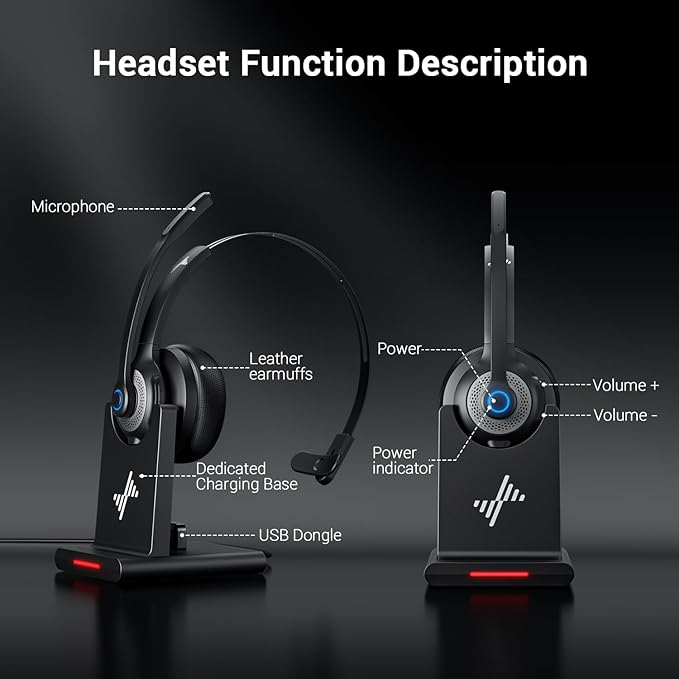 JIAMQISHI Bluetooth Headset - Wireless Headset with Noise Cancelling Microphone, V5.2 Computer Headphones with USB Dongle, Charging Base & Mic Mute for Work/Call Center/PC/Laptop/Online Class/Zoom