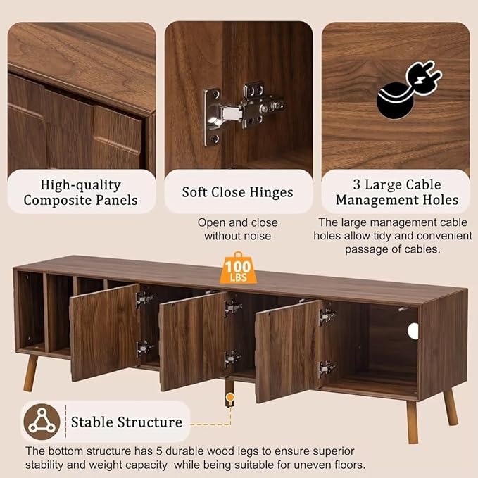 Virubi Mid-Century Modern TV Stand, Entertainment Center with 3 Doors and Open Shelf, Media Console for TVs up to 80 Inch, Television Stands with Cable Management for Living Room