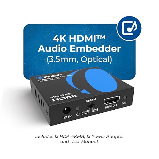 OREI 4K HDMI Audio Embedder, Audio Embedder Inserter Digital Analog Audi + DVI to HDMI Support TOSLINK Optical 3.5mm Jack AUX Sound Input 4K60Hz 18Gbps HDR HDCP2.2
