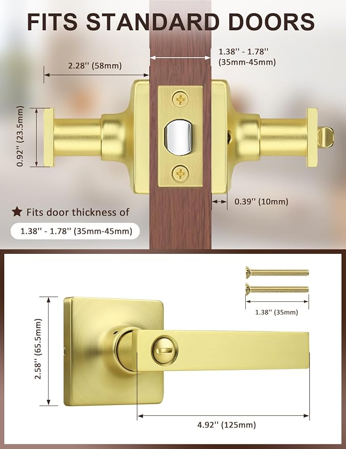 Mengico 2 Pack Gold Privacy Lever Door Handle Interior with Lock, Heavy Duty Square Door Lock for Bed/Bath, Keyless Door Locksets, Reversible for Left Right Handed Doors